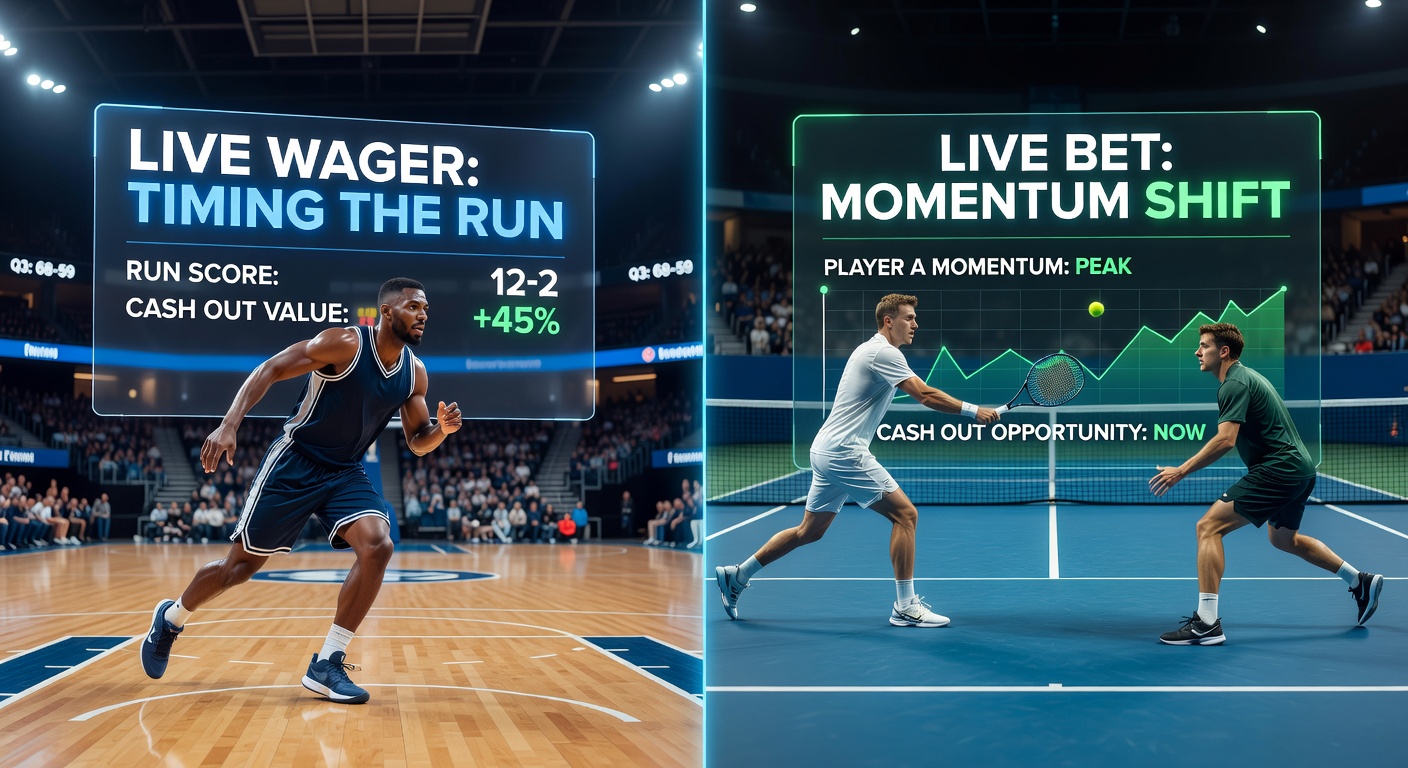 Tennis-Spiel mit Momentum-Shift: Spieler feiert Break-Point, Live-Quoten im Hintergrund wechseln dynamisch