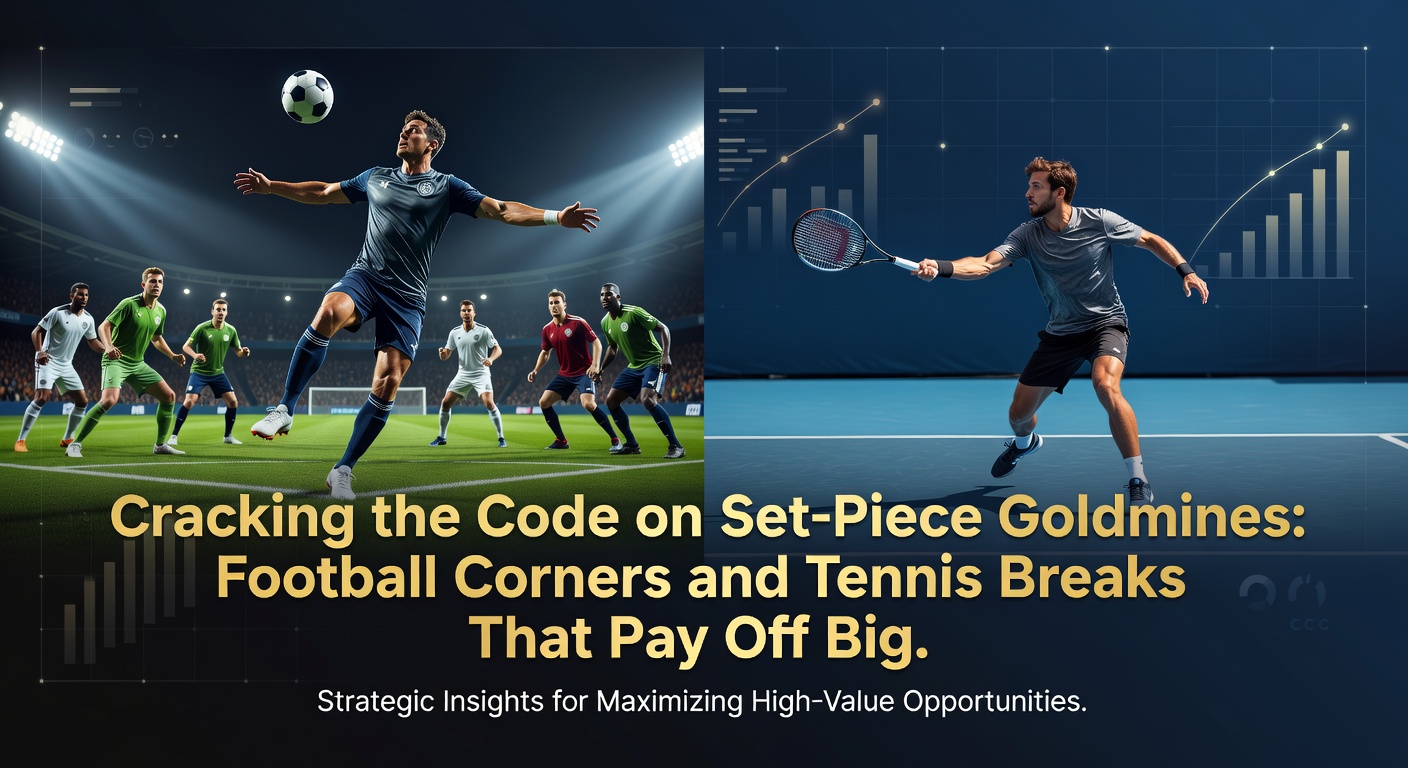 Dramatische Fußball-Ecke mit Spielern im Ansprung und Tennis-Spieler beim Break-Versuch