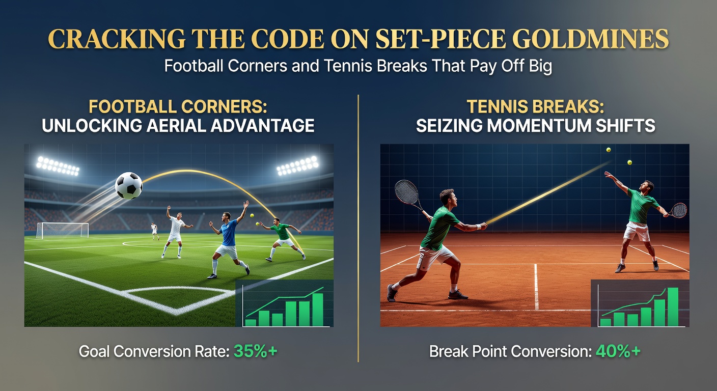 Tennis-Break-Moment mit jubelndem Spieler und Fußball-Eckenspezialisten im Duell